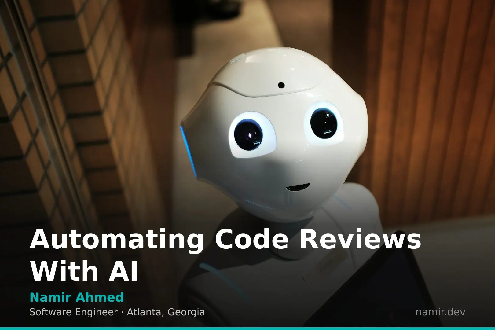 A robot analyzing source code on a screen for an article by Atlanta based Software Engineer, Namir Ahmed.