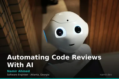 A robot analyzing source code on a screen for an article by Atlanta based Software Engineer, Namir Ahmed.