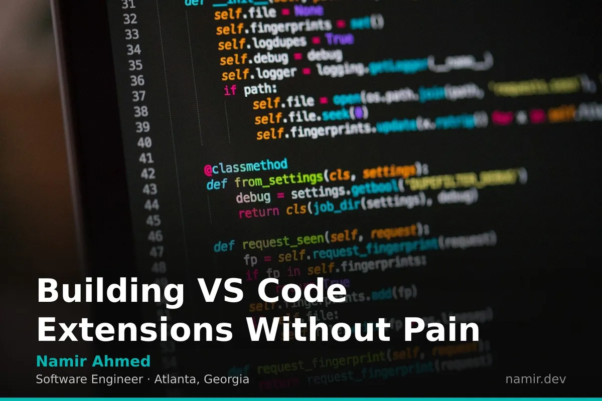 VS Code editor on a monitor for an article by Atlanta based Software Engineer, Namir Ahmed.