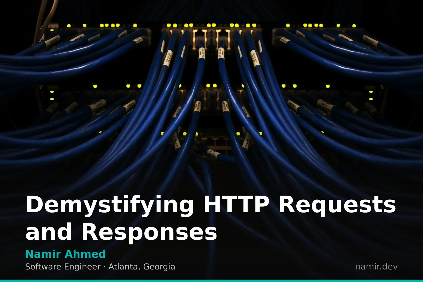Network cables connecting a server rack for an article by Atlanta based Software Engineer, Namir Ahmed.