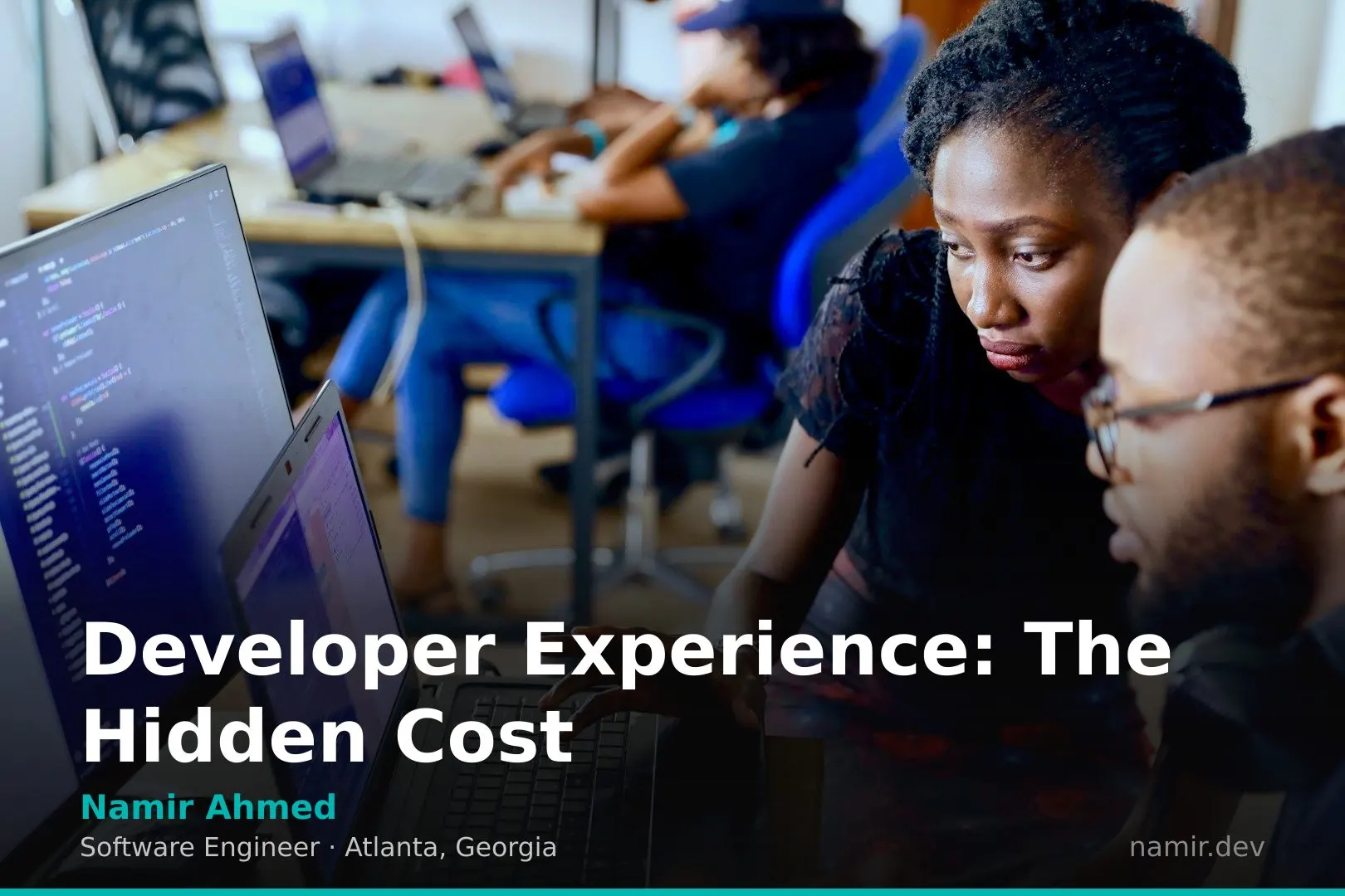 Developer at a computer with code on the screen for an article by Atlanta based Software Engineer, Namir Ahmed.