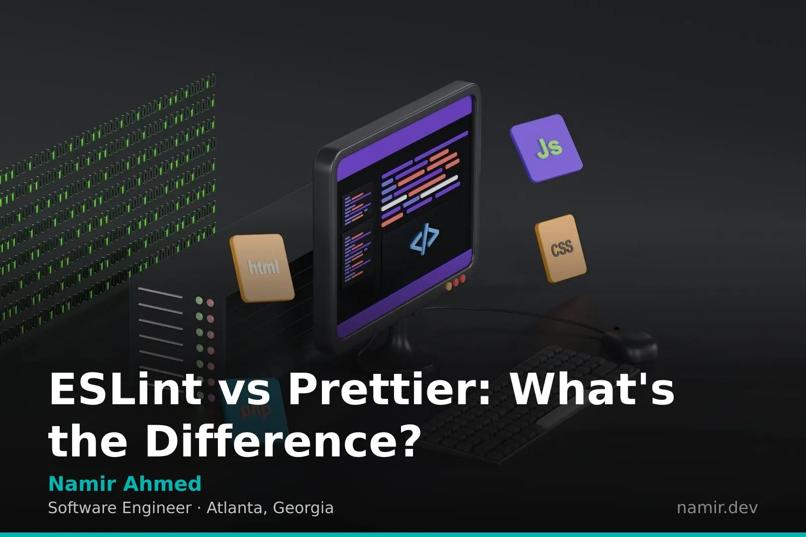 ESLint and Prettier logos side by side for an article by Atlanta based Software Engineer, Namir Ahmed.