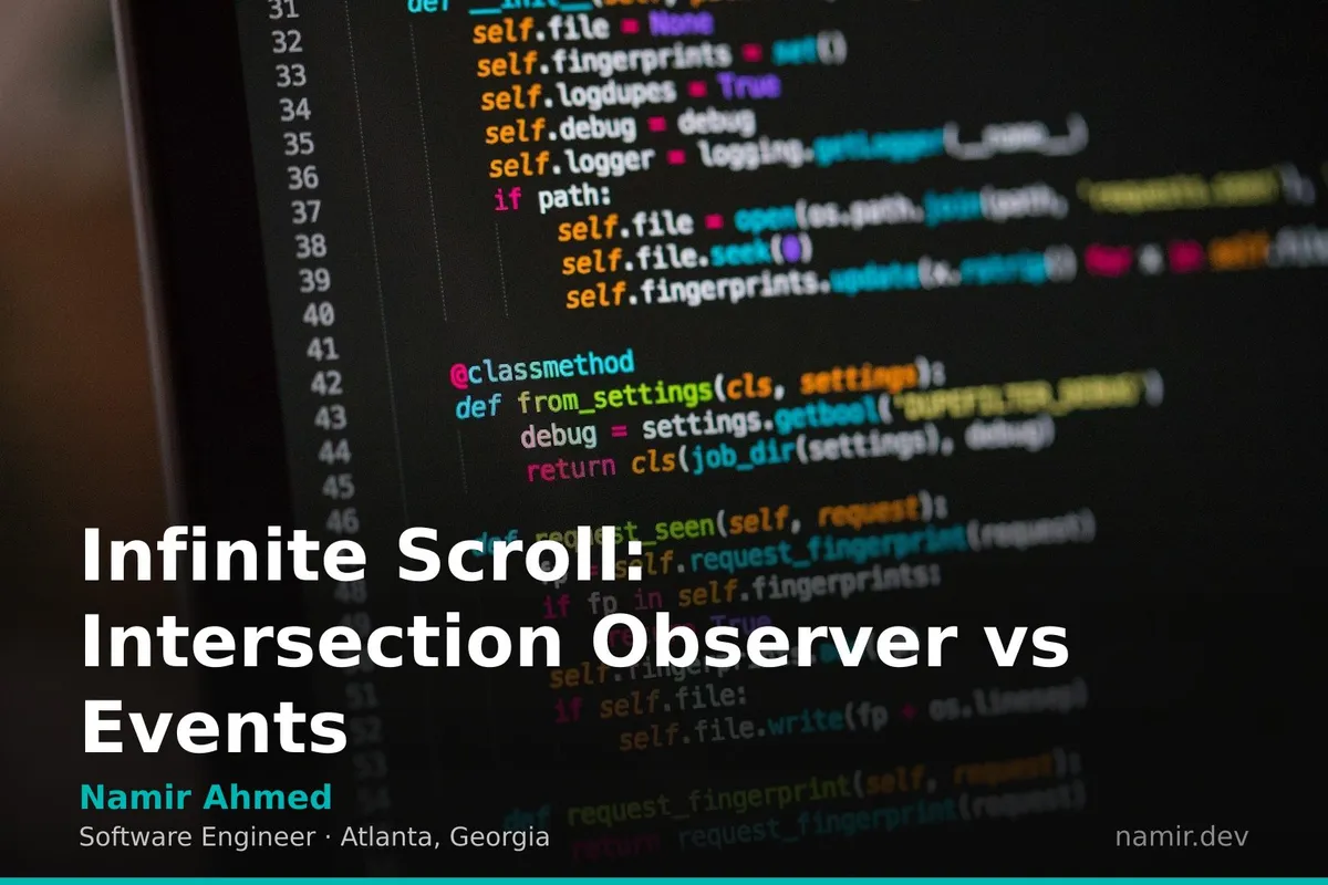 Code on a monitor scrolling for an article by Atlanta based Software Engineer, Namir Ahmed.