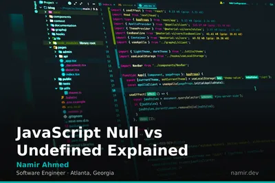 JavaScript null vs undefined code snippet for an article by Atlanta based Software Engineer, Namir Ahmed.