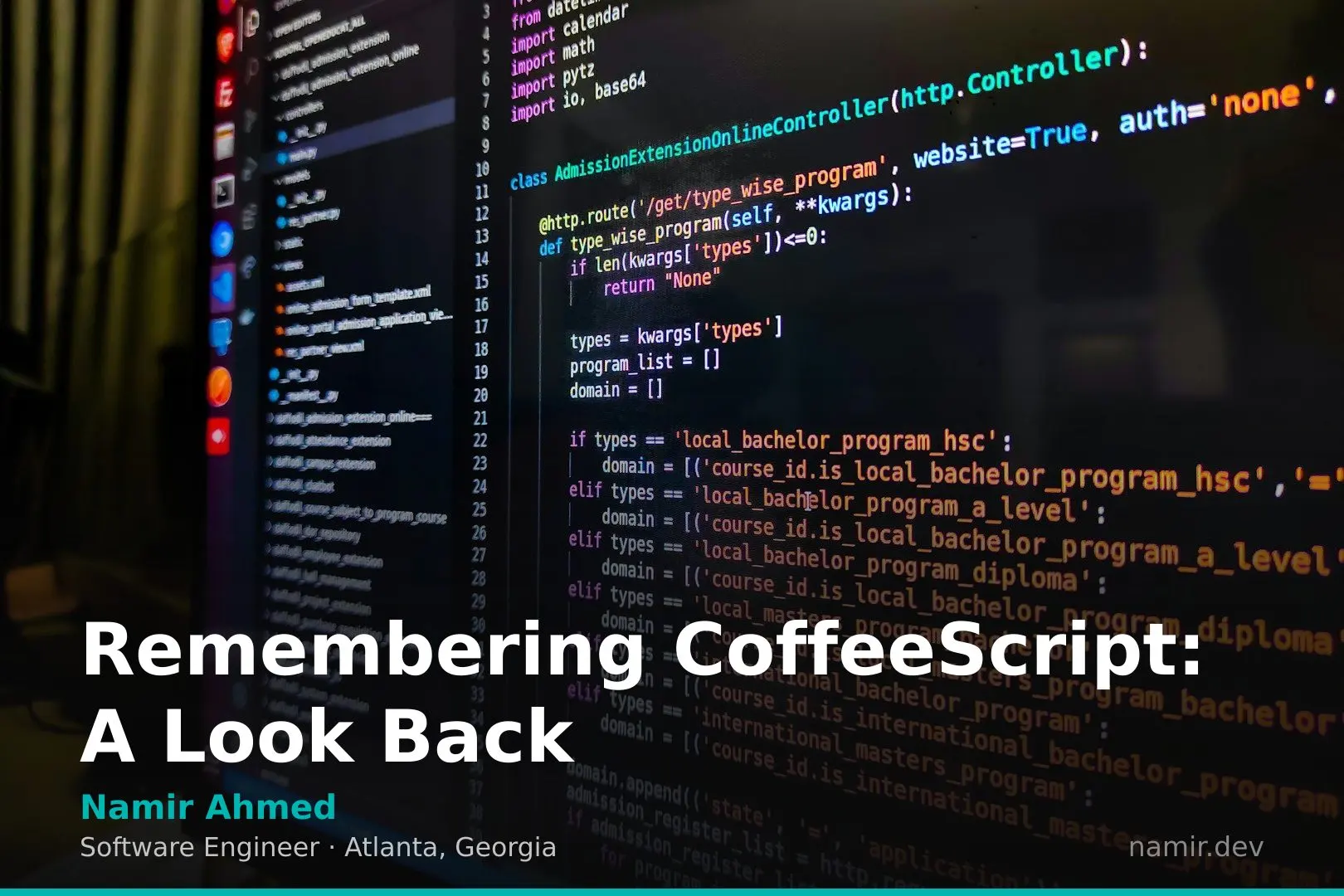 Retro computer screen displaying code for an article by Atlanta based Software Engineer, Namir Ahmed.