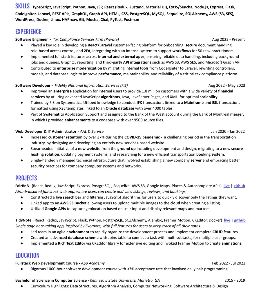 Résumé of Namir Jarif Ahmed, Software Engineer based in Atlanta, Georgia.