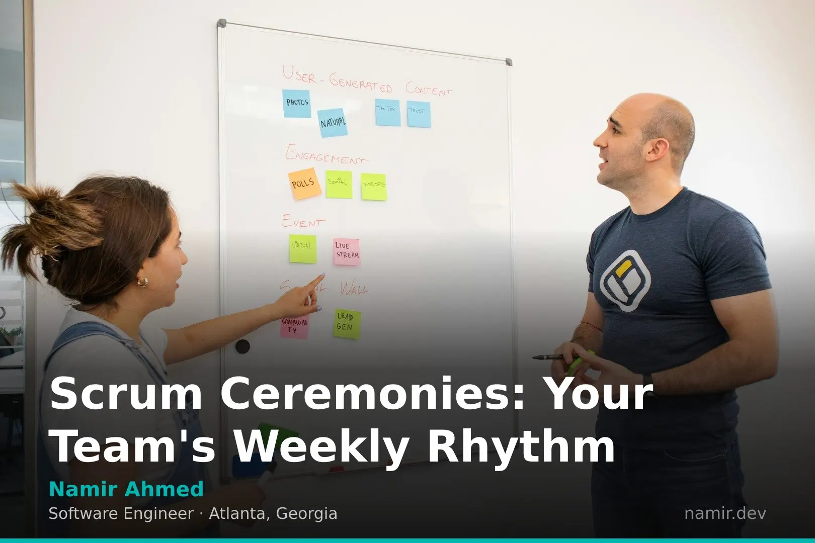Scrum ceremonies infographic for an article by Atlanta based Software Engineer, Namir Ahmed.