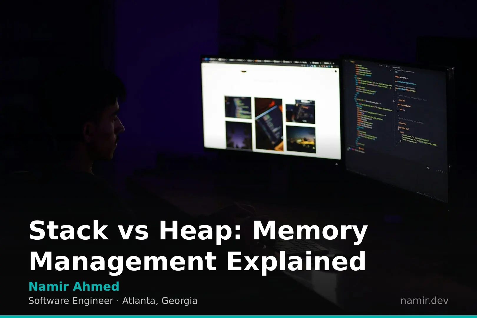 Stack vs Heap memory allocation diagram for an article by Atlanta based Software Engineer, Namir Ahmed.