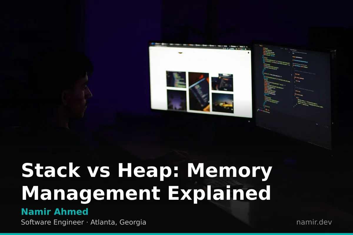 Stack vs Heap memory allocation diagram for an article by Atlanta based Software Engineer, Namir Ahmed.