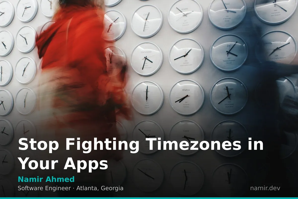 Abstract digital clock showing different timezones for an article by Atlanta based Software Engineer, Namir Ahmed.