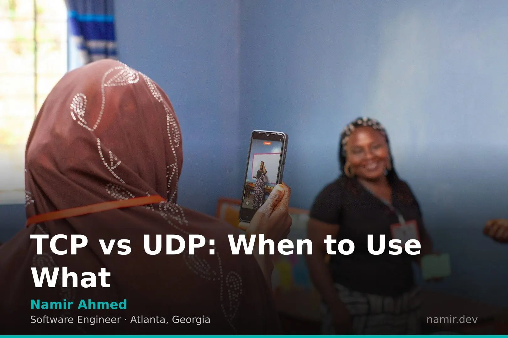 Diagram comparing TCP and UDP for an article by Atlanta based Software Engineer, Namir Ahmed.