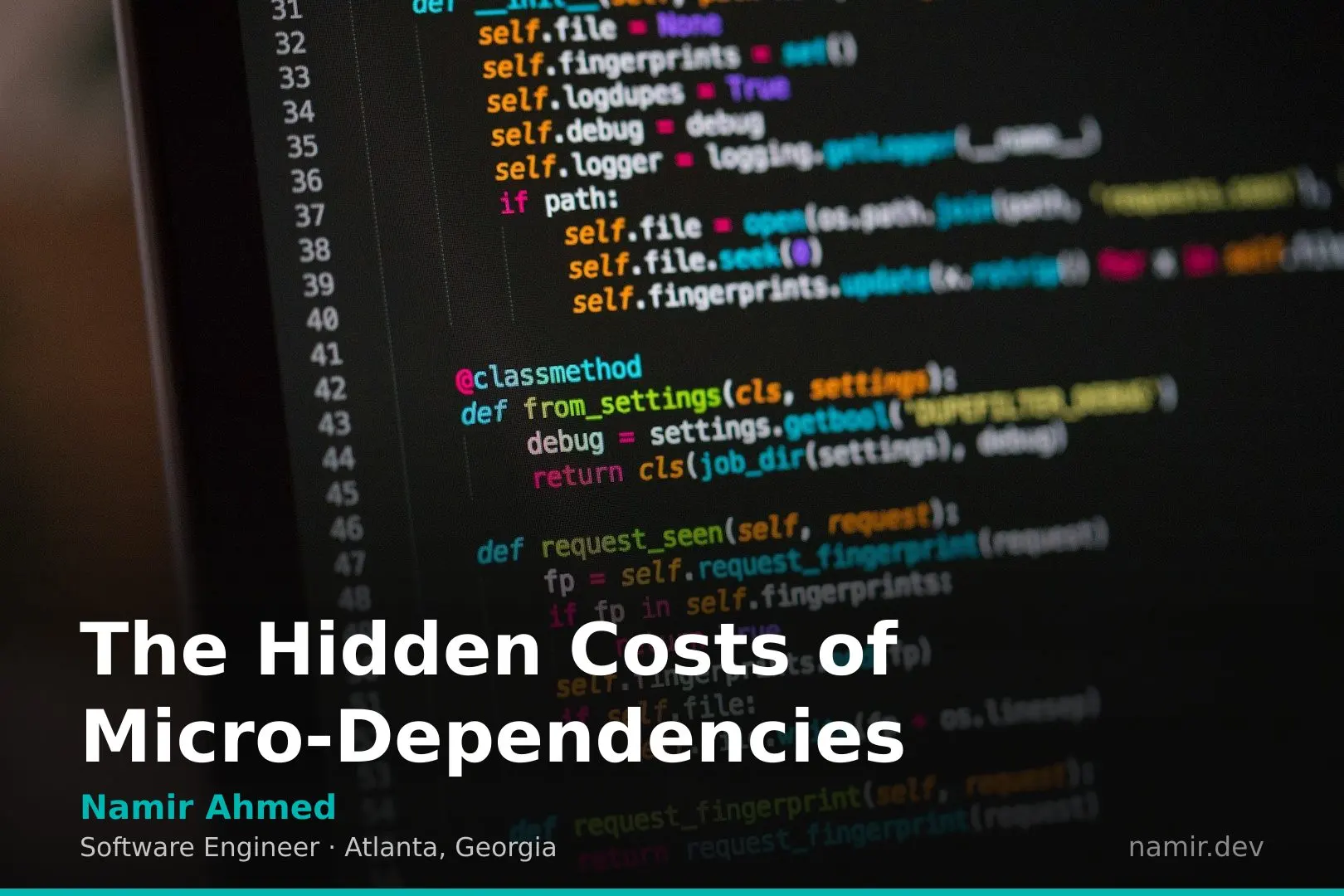 A complex network of small code connections for an article by Atlanta based Software Engineer, Namir Ahmed.