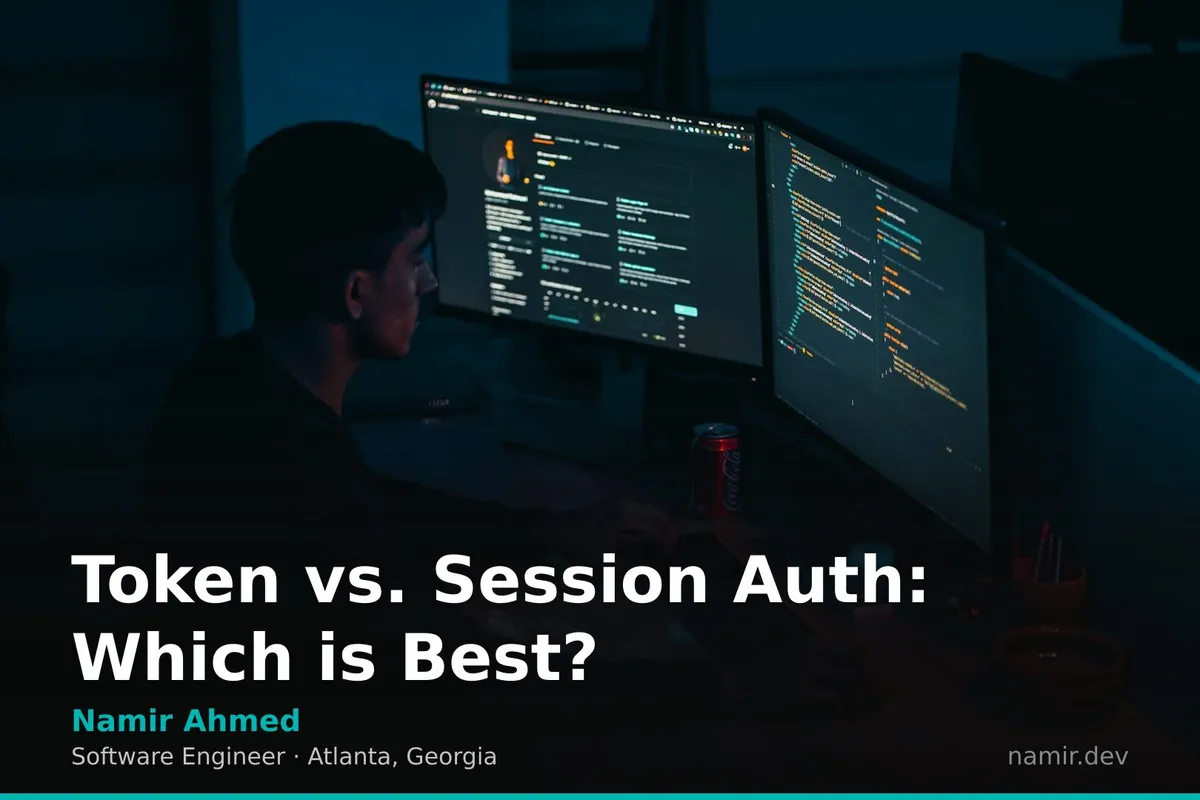 Token vs Session Authentication diagram for an article by Atlanta based Software Engineer, Namir Ahmed.