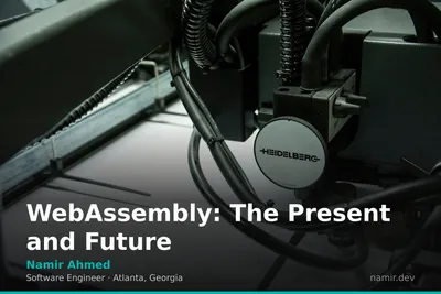 WebAssembly logo and code snippets for an article by Atlanta based Software Engineer, Namir Ahmed.