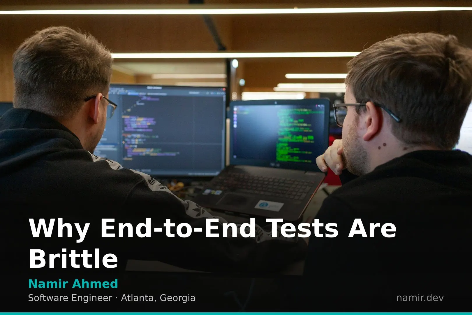 Diagram illustrating brittle end-to-end tests for an article by Atlanta based Software Engineer, Namir Ahmed.
